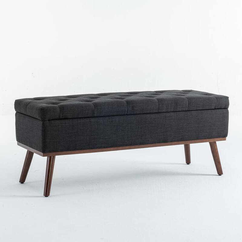 Linen Storage Ottoman Bench with Wood Legs, Upholstered Entryway Bench Tufted Mid Century Modern Ottoman Bedroom End of Bed