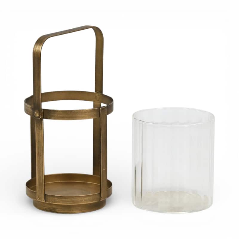 Vortial Fluted Glass Candle Lantern with Gold Metal Frame