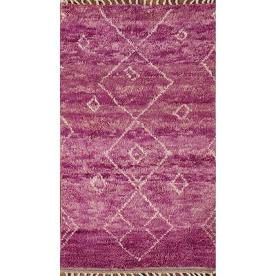 Purple Plush Geometric Moroccan Oriental Rug Handmade Wool Carpet - 2'11" x 5'7"