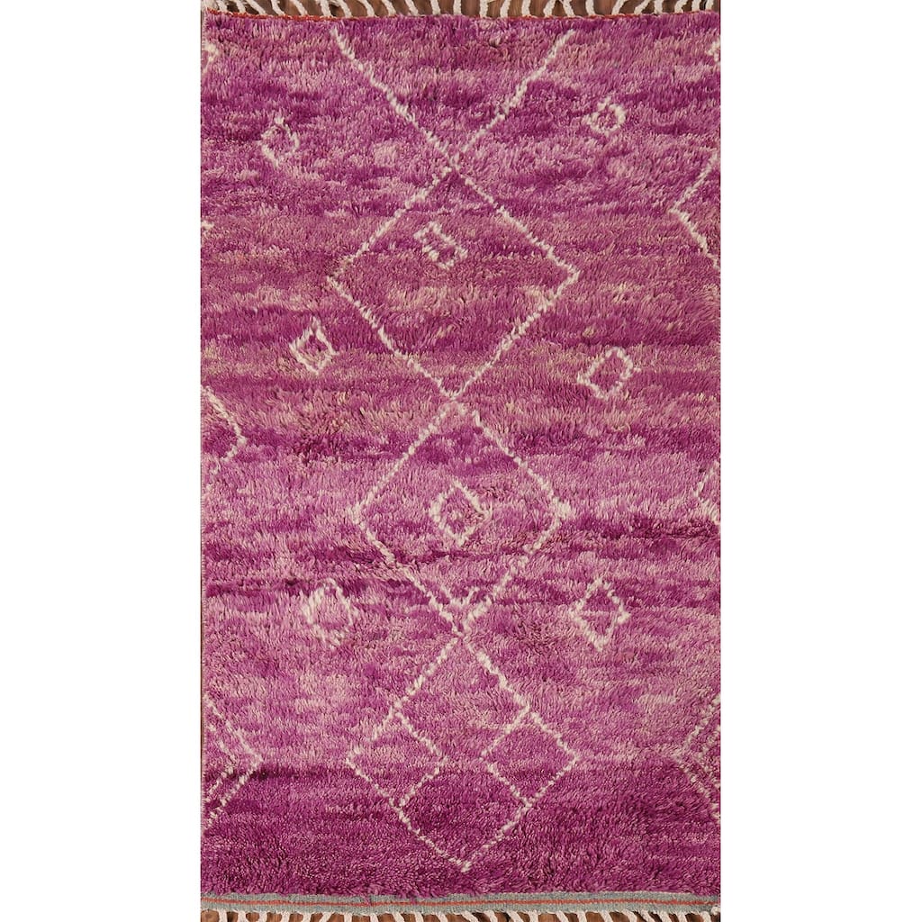Purple Plush Geometric Moroccan Oriental Rug Handmade Wool Carpet - 2'11" x 5'7"