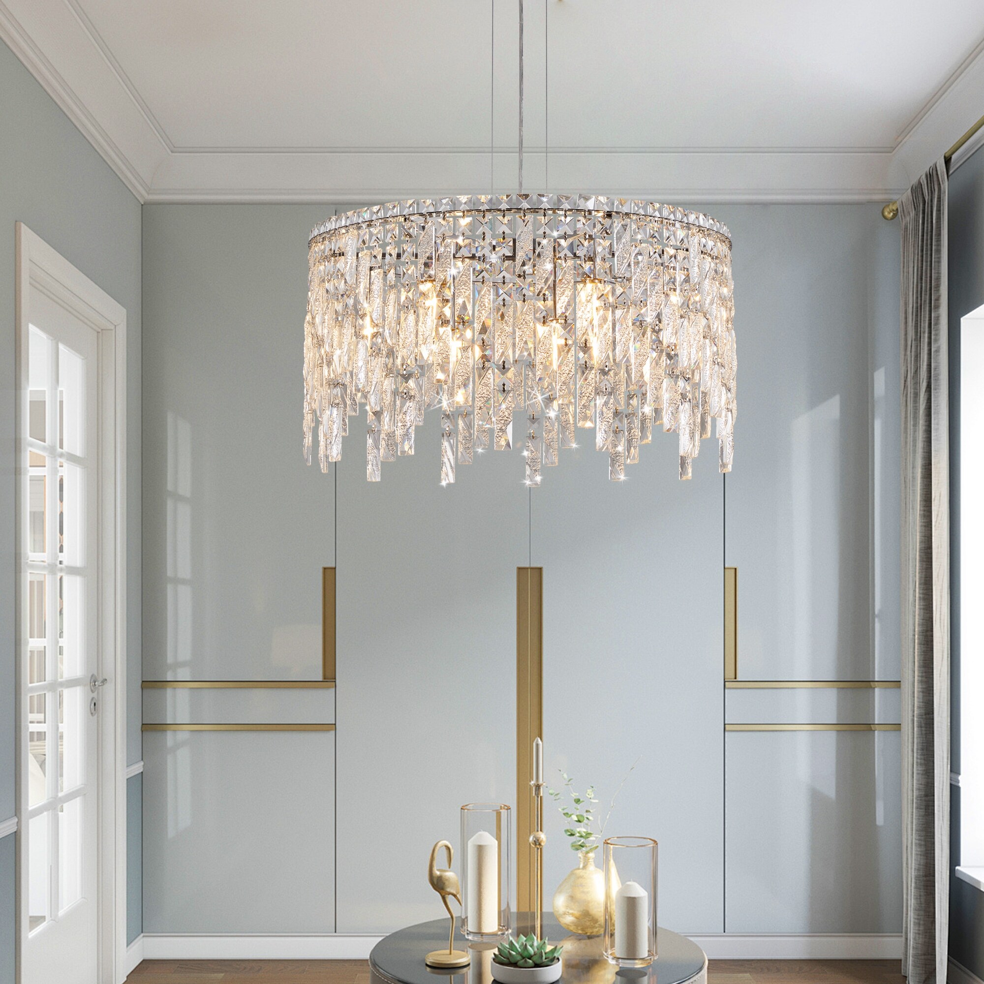 Luxurious Round Silver Crystal Chandelier, Contemporary Rectangular Pendant Light for Dining Room, Living Room - Silver+Clear