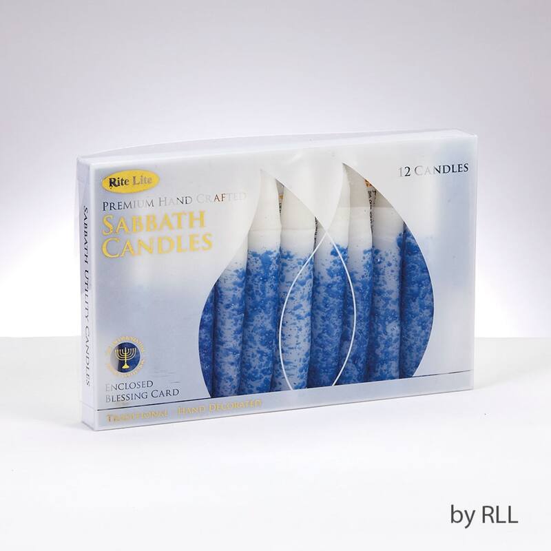12 White and Blue Contemporary Shabbat Candles 9"