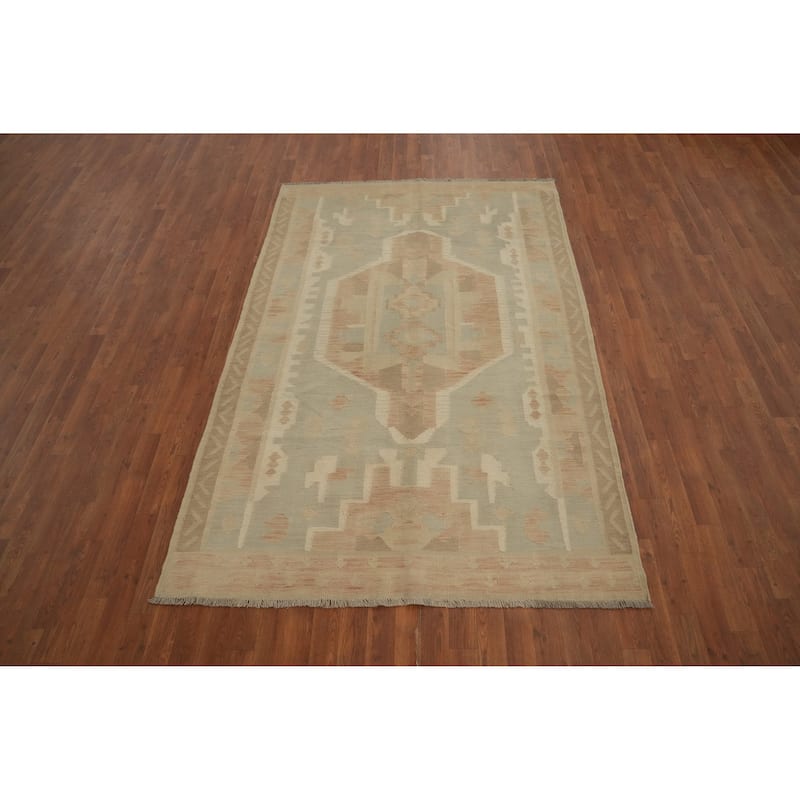 Hand Woven Oriental 100% Wool Carpet Southwestern Tribal Greys & Charcoal Kilim Area Rug - 7' 10'' X 5' 1''