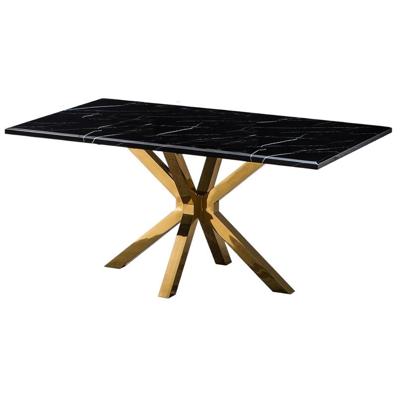 HomeRoots 79" Black and Gold Marble and Metal Cross Leg Base Dining Table - 78.7 in. x 29.9 in. x 39.4 in.