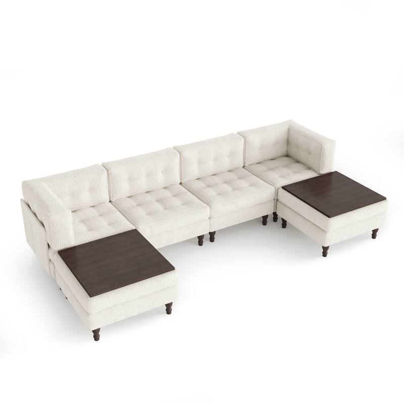 130"W Corduroy Upholstered Modular Sectional Sofa with Storage Ottoman