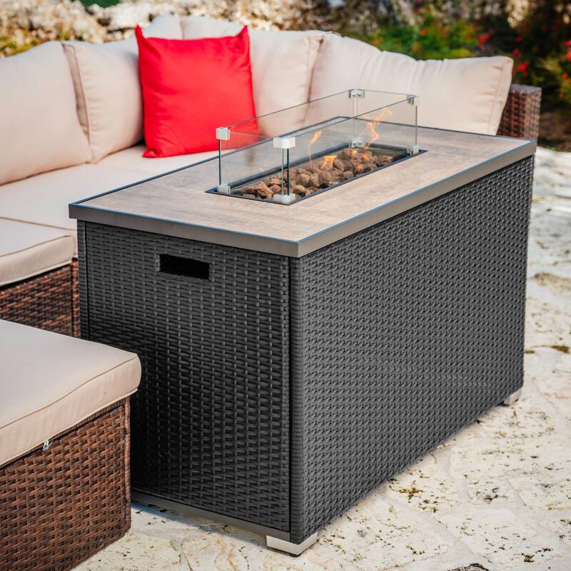 Empyrean Outdoor 43" Wicker Fire Pit Table with Glass Shield