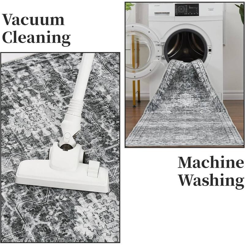 Vintage Boho Washbale Floor Cover Area Rug for Bedroom, Living Room, Black + Grey - 1'6" x 2'6"