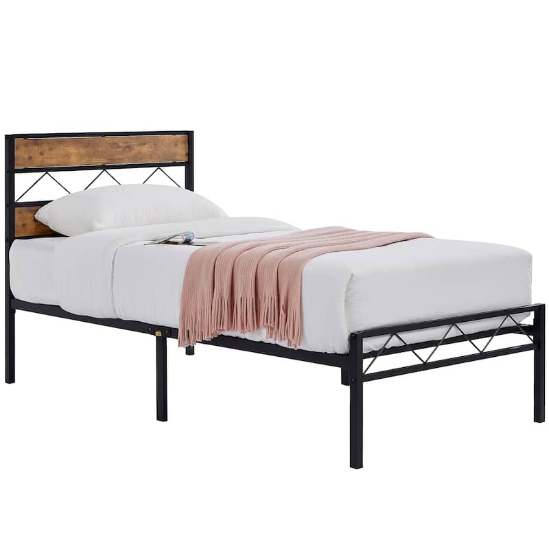 VECELO Vintage Metal Platform Bed Frame with Wood Headboard, Storage Bed, Noise-Free, No Box Spring Needed, Twin/Full/Queen Size