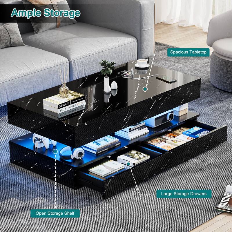 Smart LED Coffee Table 47.2" with Bluetooth Speaker & Wireless Charging, Modern White Marble Center Table