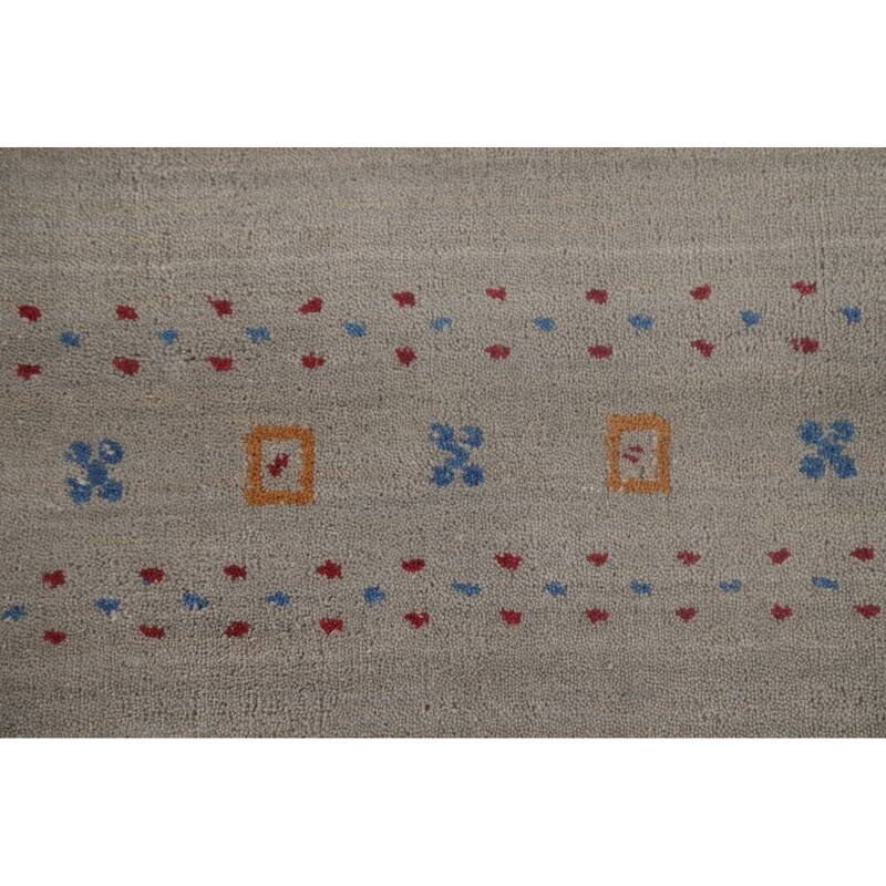 Tribal Gabbeh Area Rug Hand-Knotted Grey Wool Carpet - 7'11"x 9'7"