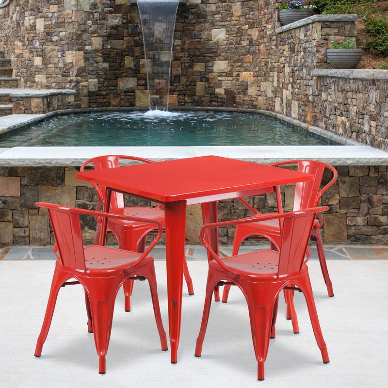 31.5'' Square Metal Indoor-Outdoor Table Set with 4 Arm Chairs - Red