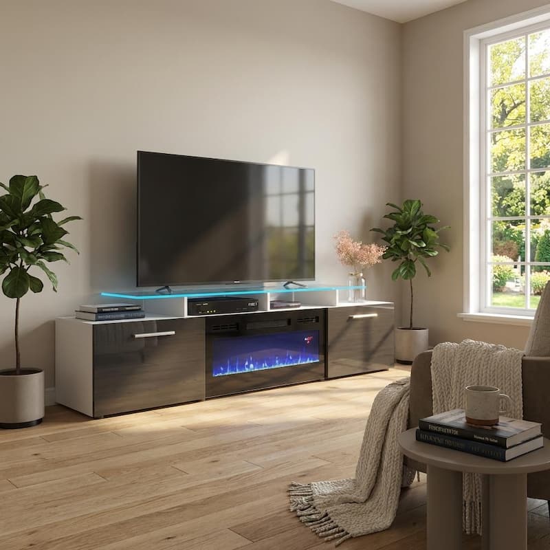Meble Furniture Rova EF Modern 75" Electric Fireplace TV Stand for TVs up to 85", 75"W x 19"H x 14.5"D for up to 85" TVs