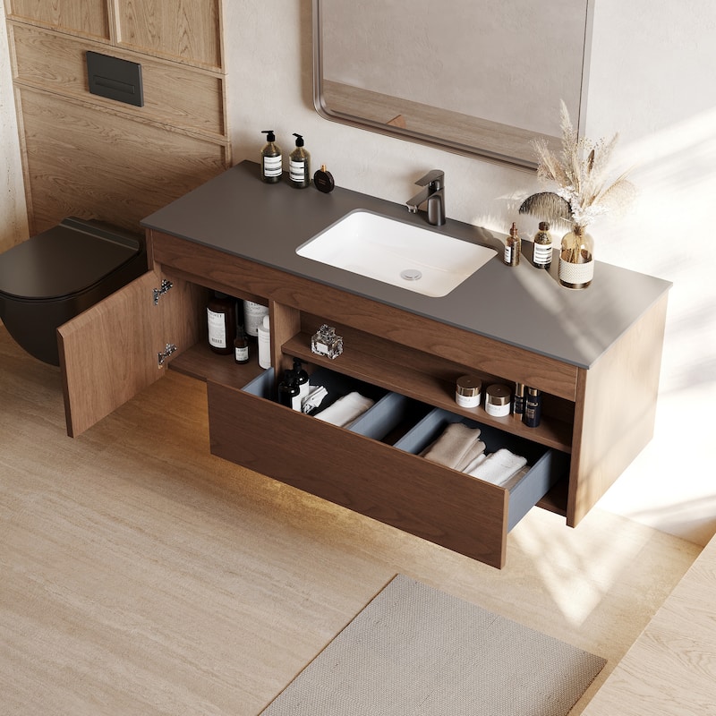 47.24'' Single Bathroom Vanity with Stone Top, Solid Wood, Dark Gray Stone Top