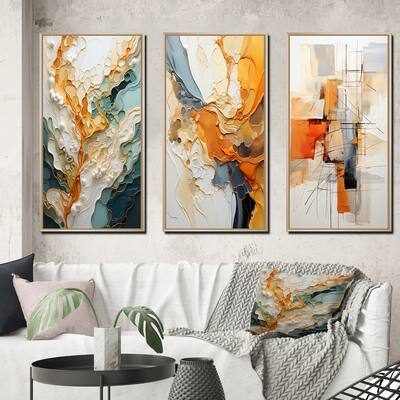 Designart "Orange White Line Art Organic Abstraction" Abstract Framed Wall Art Set Of 3 For Living Room Decor