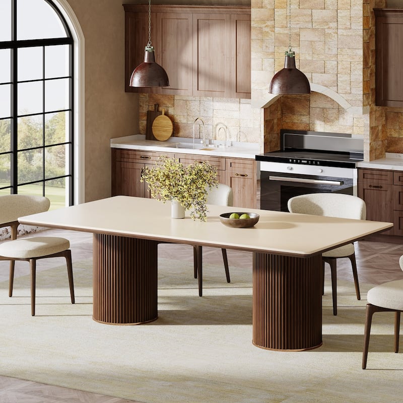 78.7 Inches Brown/ Beige Sandstone Dining Table, Luxury Marble Kitchen Table