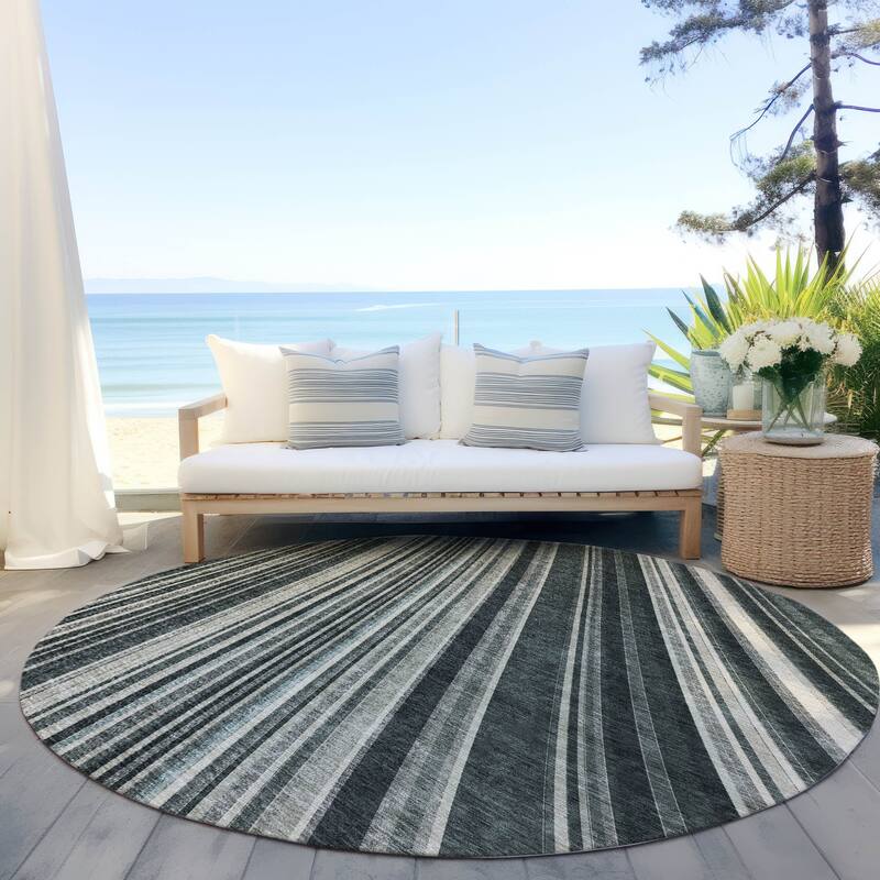 Machine Washable Indoor/ Outdoor Stripe Wave Chantille Rug - Black - 8' x 8'