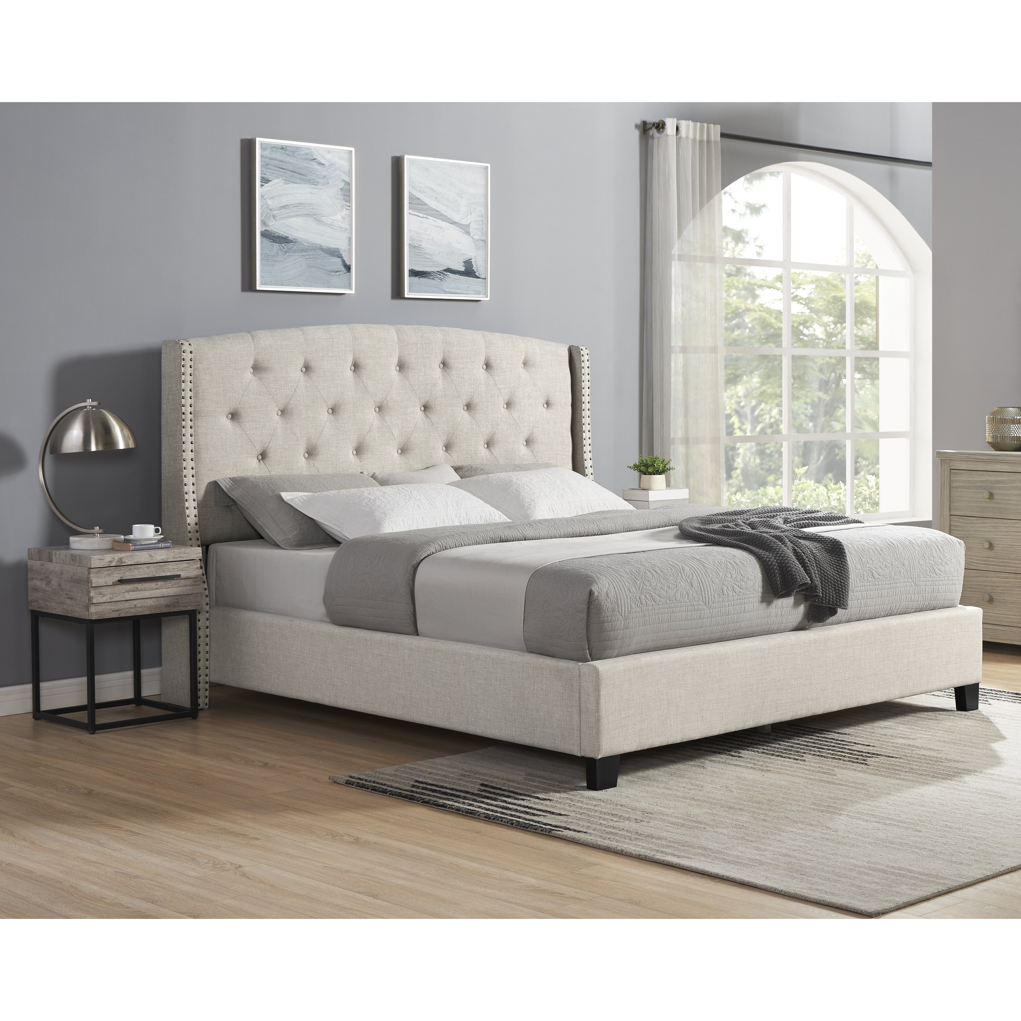3-Piece Upholstered Bedroom Set, Tufted Wingback Bed with Nightstands