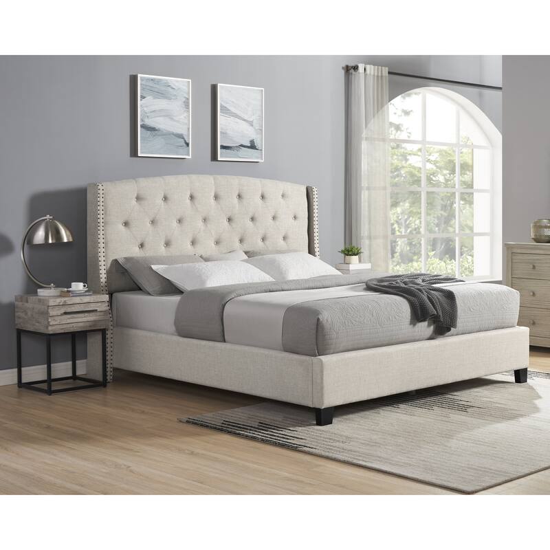 3-Piece Upholstered Bedroom Set, Tufted Wingback Bed with Two Nightstands - Beige