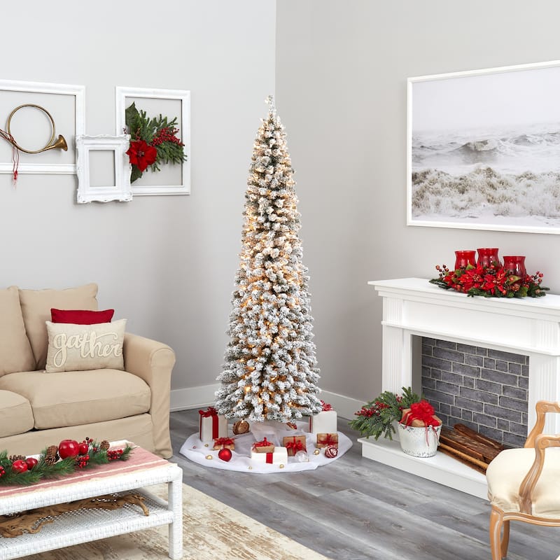7ft. Flocked Pencil Artificial Christmas Tree with 574 Branches - Sleek Winter Wonderland Holiday X-Mas Tree