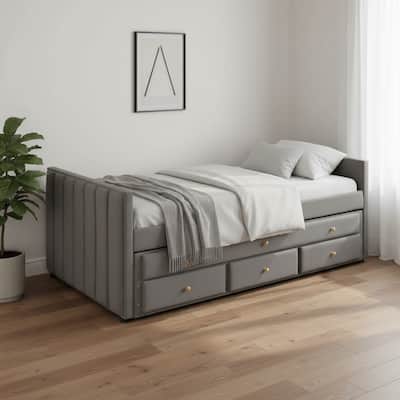 HomeRoots Dark Gray Tufted Velvet Upholstered Full Day Bed With Trundle And Drawers