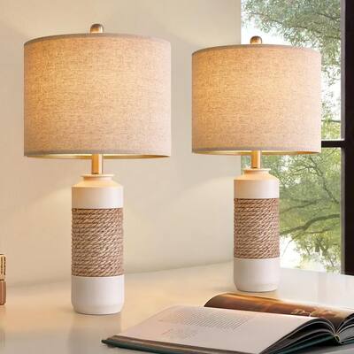 23.75" Bedside Table Lamps Set of 2 for Sleeping and Reading, Vintage Farmhouse Rattan Table Lamp Antique White Resin Lamp