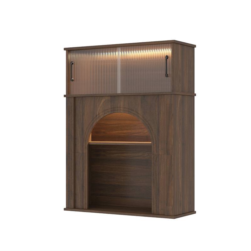 LED Lighted Display Cabinet with Fluted Glass Doors, Wooden Sideboard Buffet Cabinet for Living Room or Dining Room