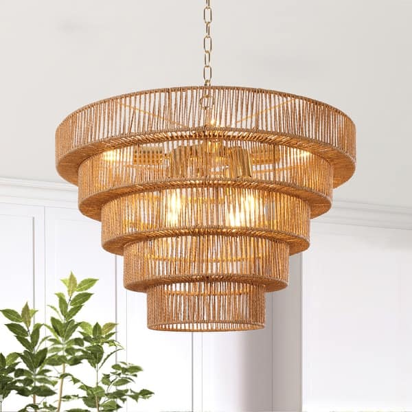slide 2 of 19, Dimmable 8-Light Hand-Woven Rattan Tiered Chandelier