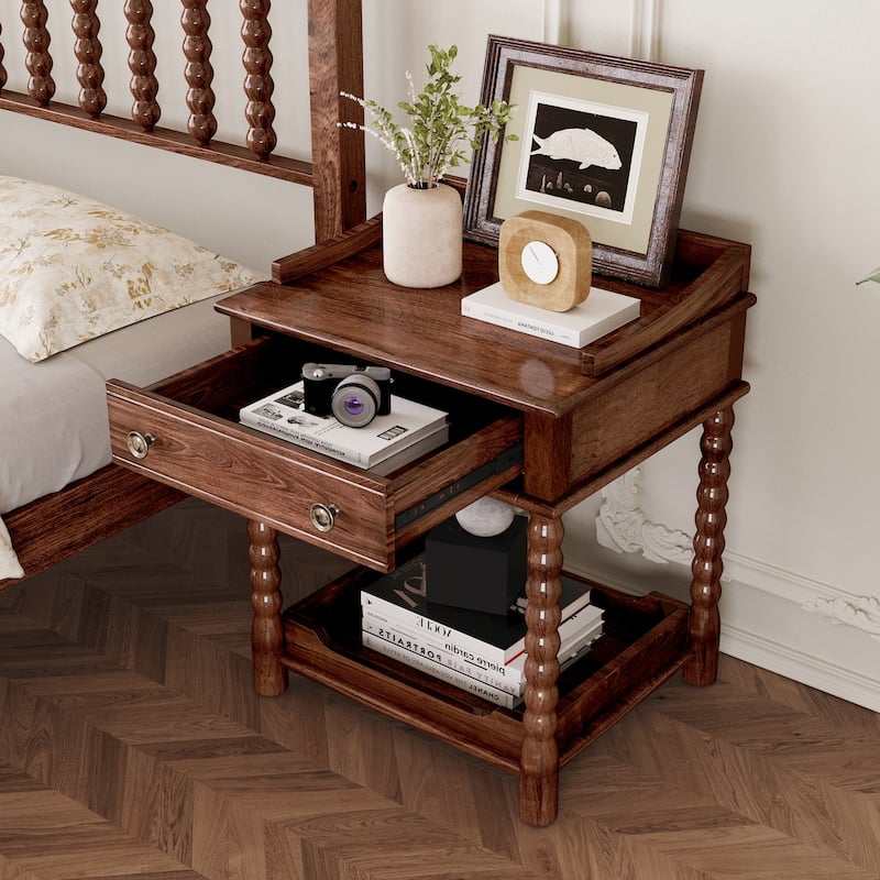 Retro Bedside Table Nightstand with Drawer and Open Shelf for Bedroom