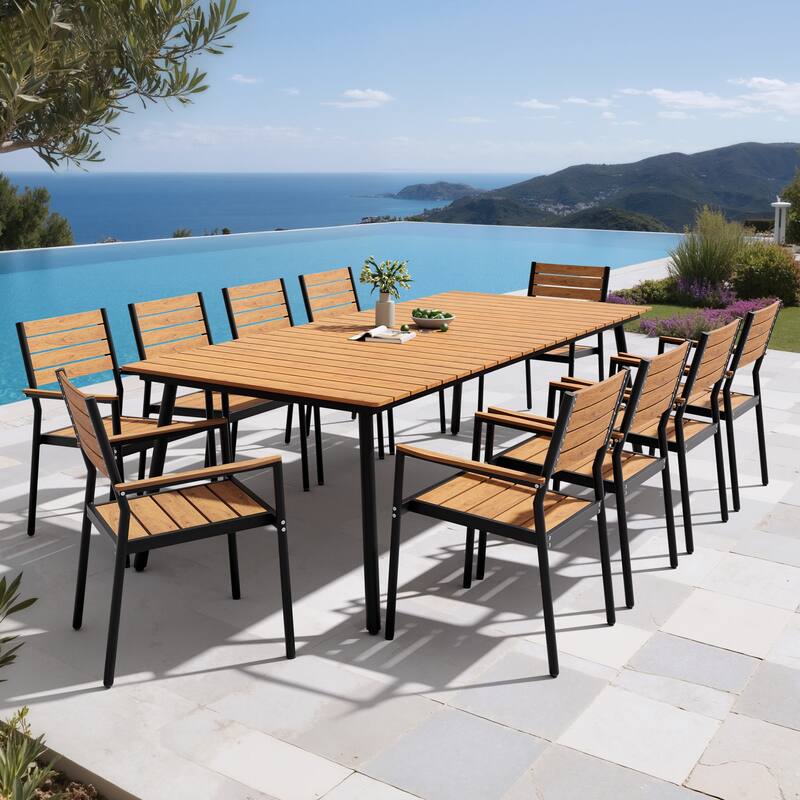 11PC Outdoor Patio Dining Set Aluminum Umbrella Hole Wood Like Table with Stackable Armrest Chairs - Brown