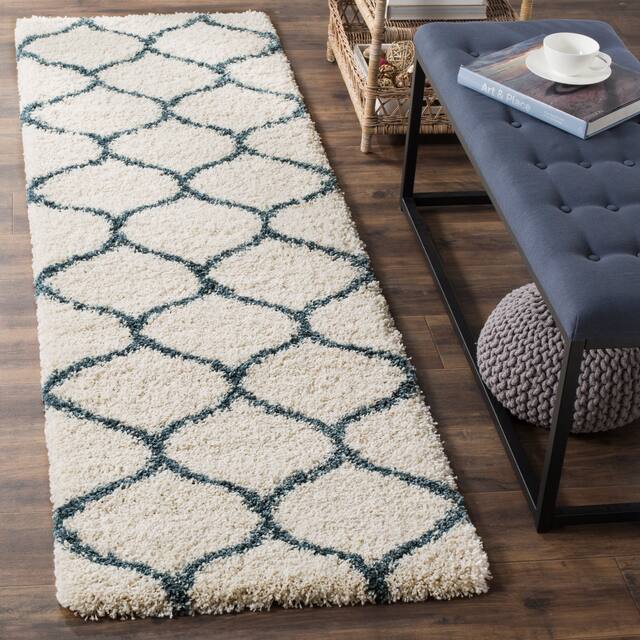SAFAVIEH Hudson Shag Ogee Trellis 2-inch Thick Area Rug - 2'3" x 12' Runner - Ivory/Slate Blue