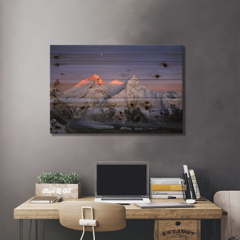 Moon Over Summit Of Mount Everest, Lhotse, And Nuptse, Sagarmatha National Park, Nepal Print On Wood by Grant Dixon