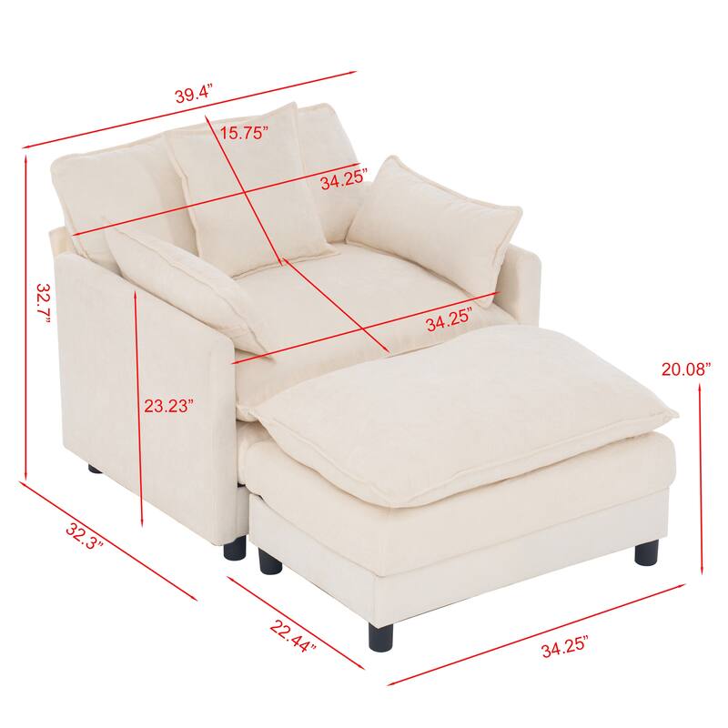 Modern Chenille Accent Chair with Ottoman, Oversized Upholstered Armchair for Living Room & Bedroom Reading