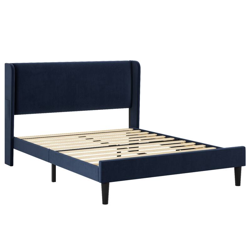Velvet Bed Frame Full Size with Wingback Headboard and Storage Pockets