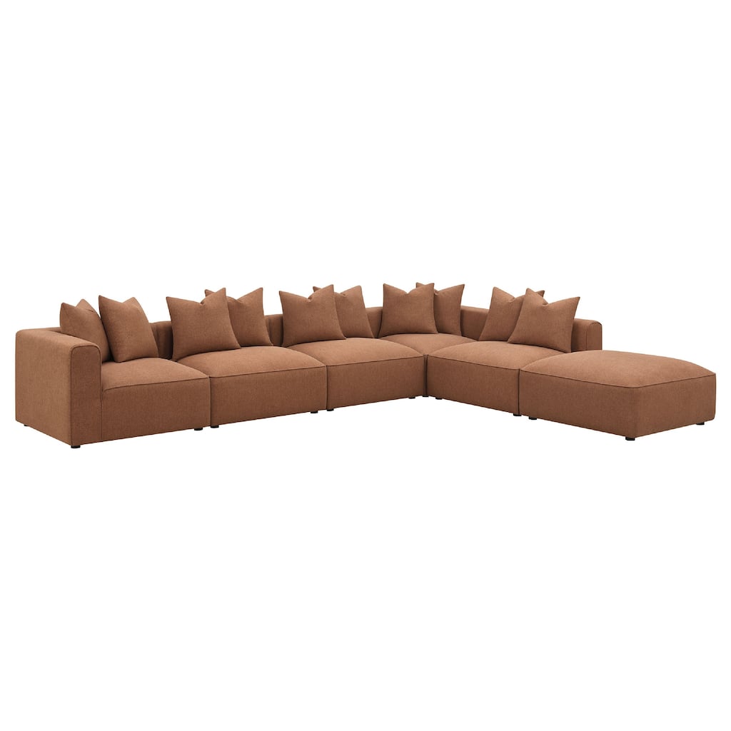 Hani 6pc Modular Sectional Sofa with Ottoman, Rich Brown, 10 Pillows