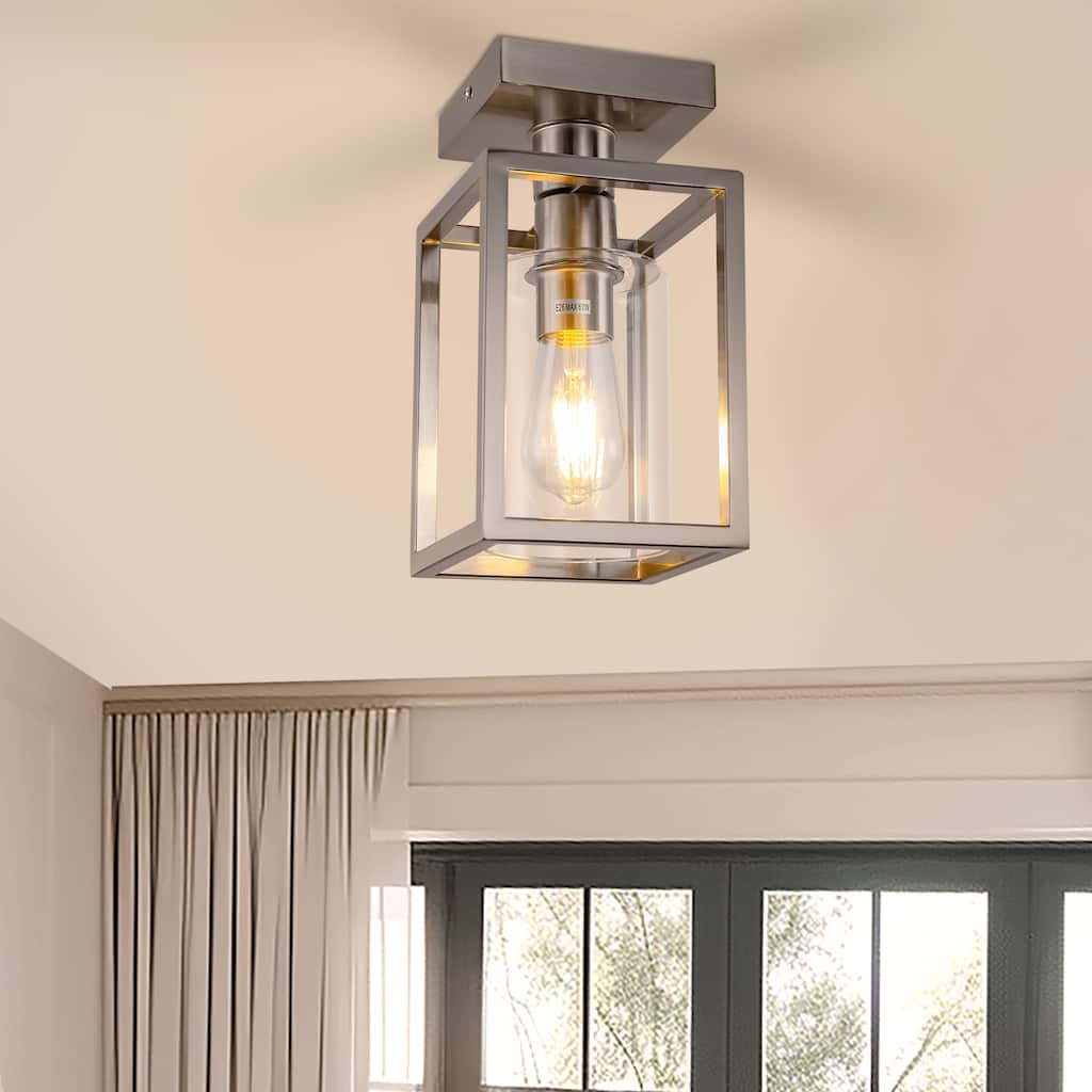 Single Rectangular Semi Flush Mount Light, Nickel Finish with Glass Shade Ceiling Fixture and E26 Base,(Bulb Not Included)