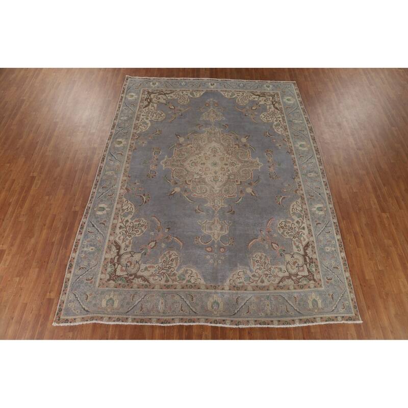 Blue Tabriz Vintage Persian Area Rug Hand-Knotted Wool Carpet - 9'5" x 12'4"