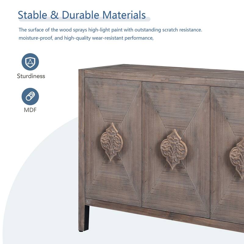4 Door Antique Sideboard Buffet Cabinet with Carved Flower Handles, Adjustable Shelves, for Living Room, Kitchen, Hallway