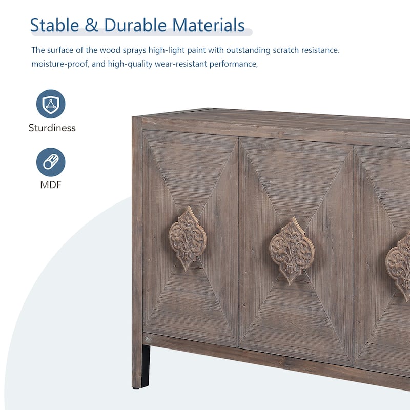 Antique 4-Door Sideboard Buffet Cabinet with Carved Flower Handles for Living Room or Kitchen