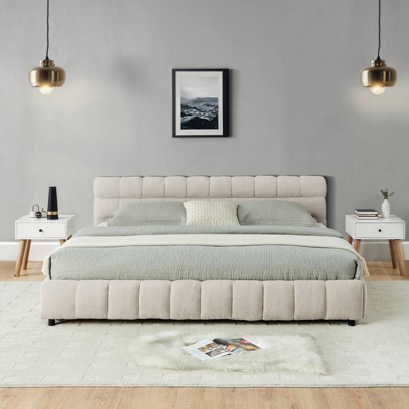 Block Thick Chenille Low Profile Platform Bed Fabric Upholstered Bedframe with Headboard Solid Wood Frame - Optional Storage Bed