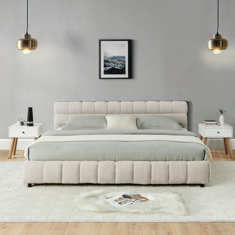 Modern Beige California King Upholstered Bed with Storage Drawers and Chenille Fabric Headboard