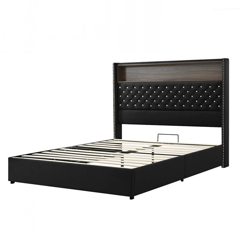 Queen Size Tufted Soft Bed Frame with USB Port and Night Light