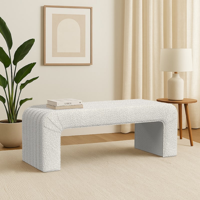 Gus Bench, Curved Arch Design, Cream Channel Tufted Velvet 48 Inch