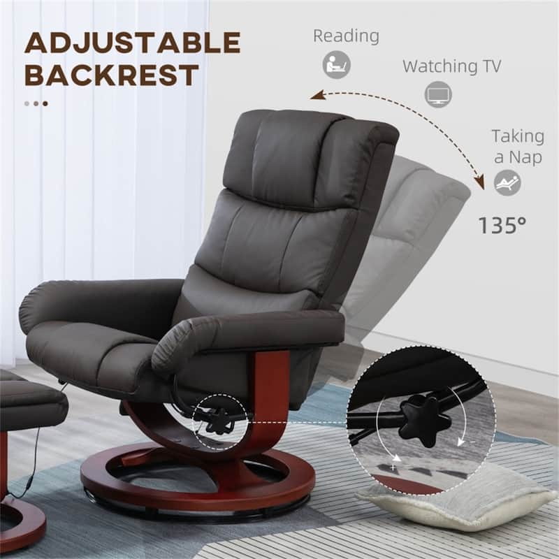 PU Leather Massage Recliner Chair Including Ottoman with Swivel Base and Adjustable Vibration - 28.75" W x 33" D x 40.25" H