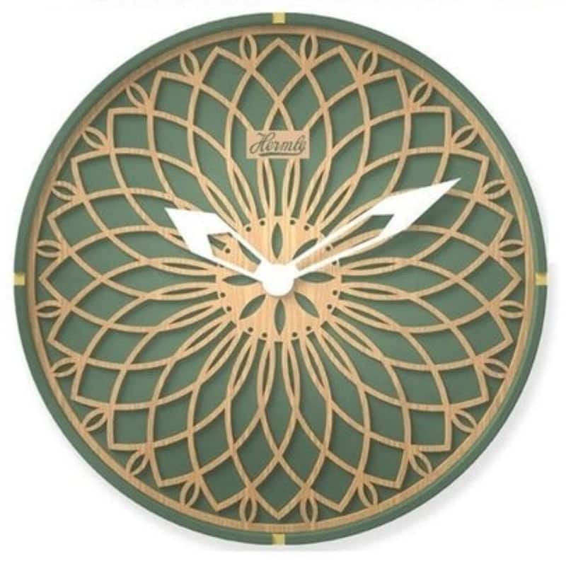 Round Wooden Wall Clock - 12" - Green and Brown