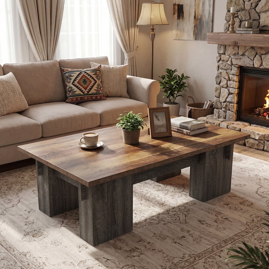 Rectangle Coffee Table, 55'' Farmhouse Center Cocktail Table with Thick Legs