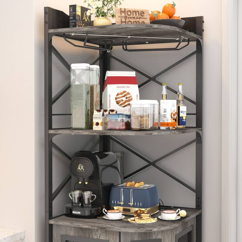 Corner Bar Cabinet with Charging Station and Ambiance Light, Liquor Display Storage Shelves with Glass Holder - Brown