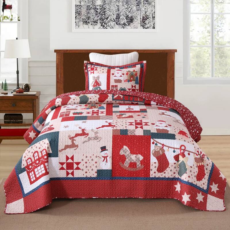 3 Pcs Vintage Christmas Patchwork Quilt Set - Kids Red - Twin