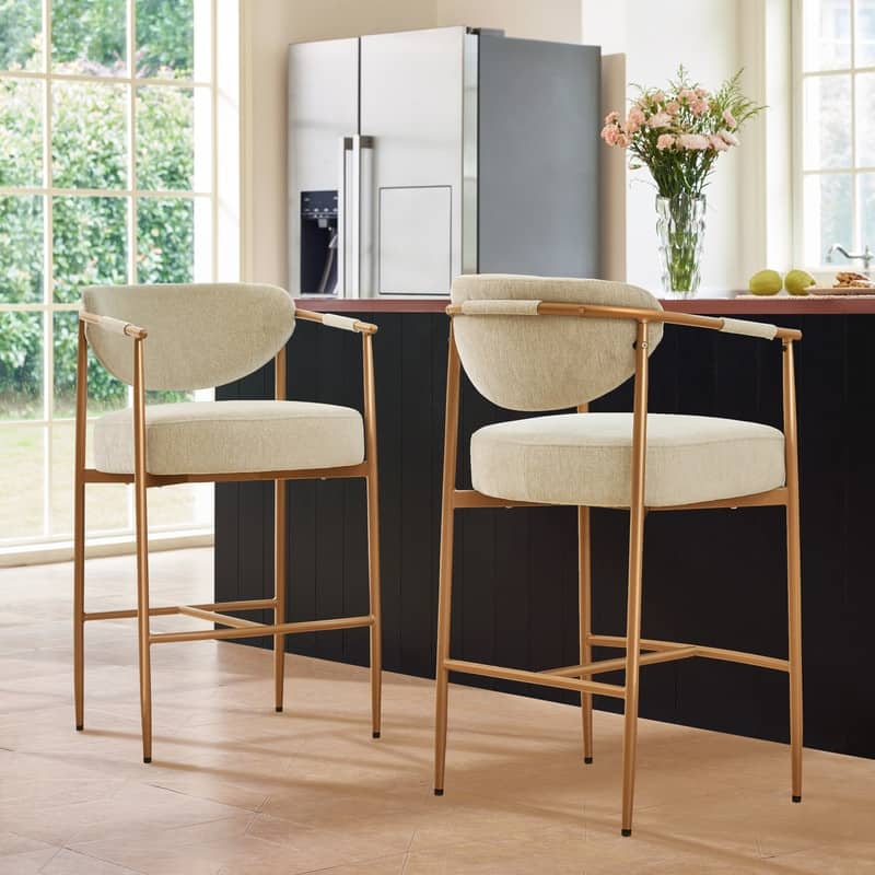 Spruce & Spring Modern Counter Stool with Gold Metal Frame and Woven Strap Arm