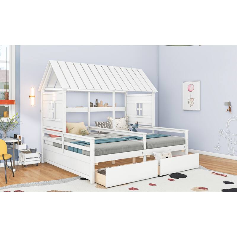 Twin Size House Platform Beds with Two Drawers for Shared Kids' Room, White