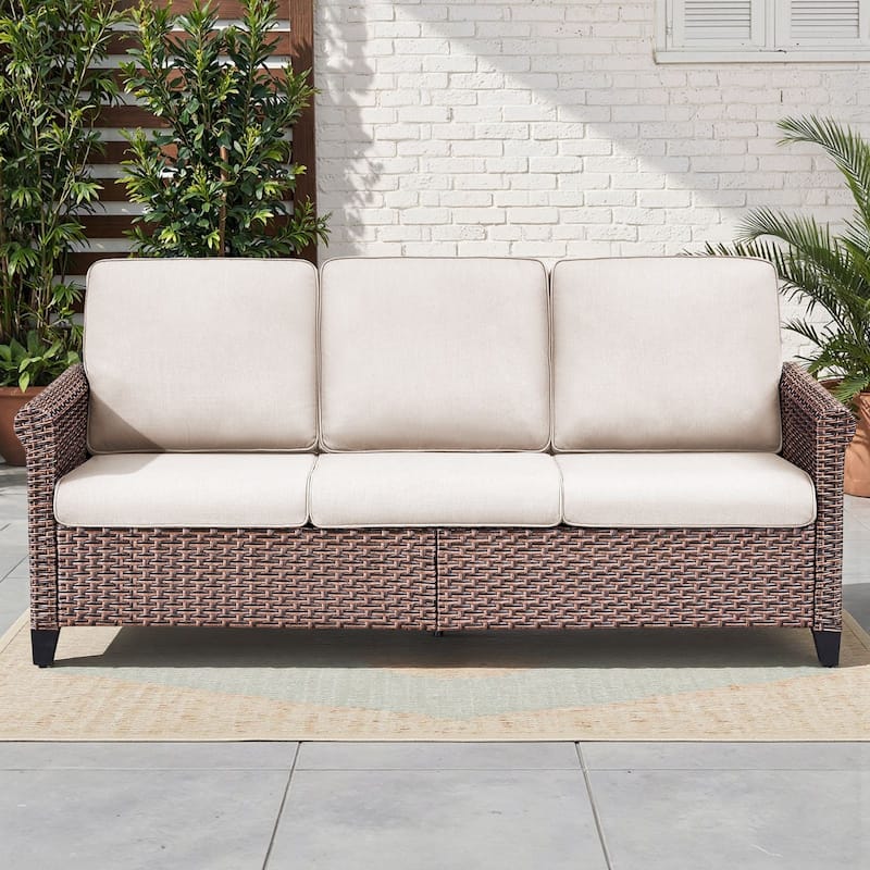 Pocassy Outdoor Sofa with Patio Chairs Funiture Set - 1PC Sofa - Brown Wicker Blue Cushion